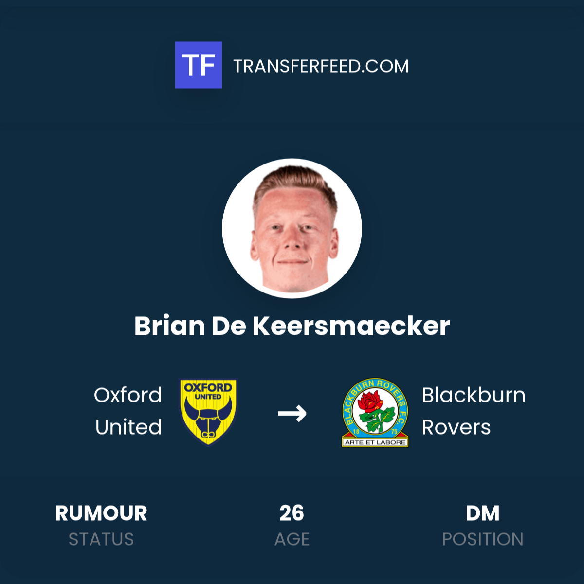Brian De Keersmaecker Transfer from Oxford United to Blackburn Rovers